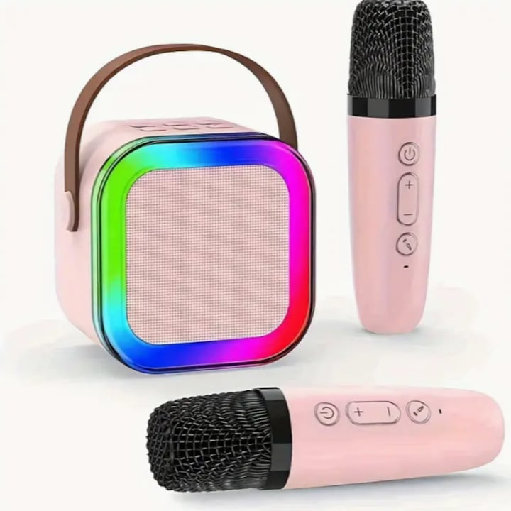 Mini karaoke készlet, Bluetooth hangszóróval és 2 vezeték nélküli mikrofonnal, többfunkciós, dinamikus LED fényekkel és hosszú élettartamú akkumulátorral