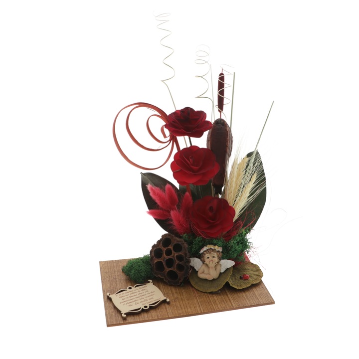 Aranjament floral cu begonii si inger personalizat 30cm
