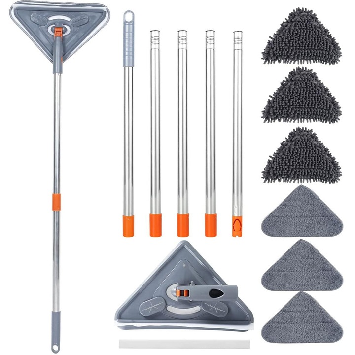Mop Bedee с маневреност на 360°, триъгълна глава, комплект от 6 подложки, сив/сребрист/оранжев, 25-85" (63,5-216 см)