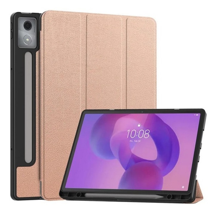 Gigapack tabletvédő álló, bőr hatású, aktív flip, oldalra nyíló, trifold, asztali tartó, ceruza tartó, rozéarany, kompatibilis: Lenovo Idea Tab Pro, TB373FU, WIFI