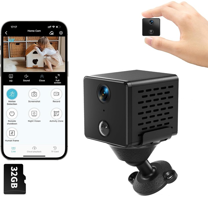 Mini kémkamera, 32G, 3MP, HD 1080P, WiFi, PIR és AI mozgásérzékelés, 145°-os látószög, Infravörös éjszakai látás, Beépített AP Hotspot, 1500mAh, Orber, Fekete