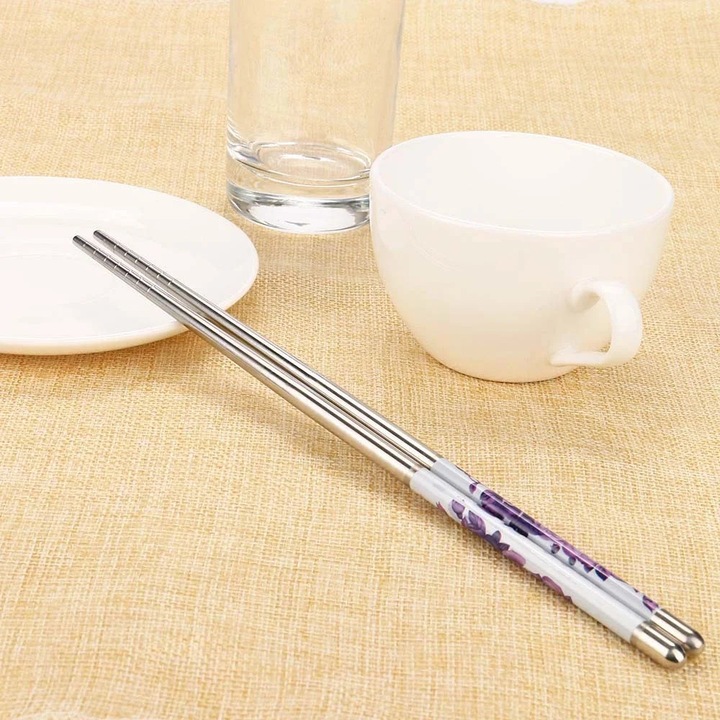 YANYXR 2 db rozsdamentes acél evőpálcika készlet, fehér virágmintás, 23cm