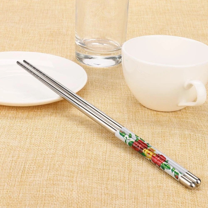YANYXR rozsdamentes acél evőpálcika készlet, fehér virágmintás, 23cm