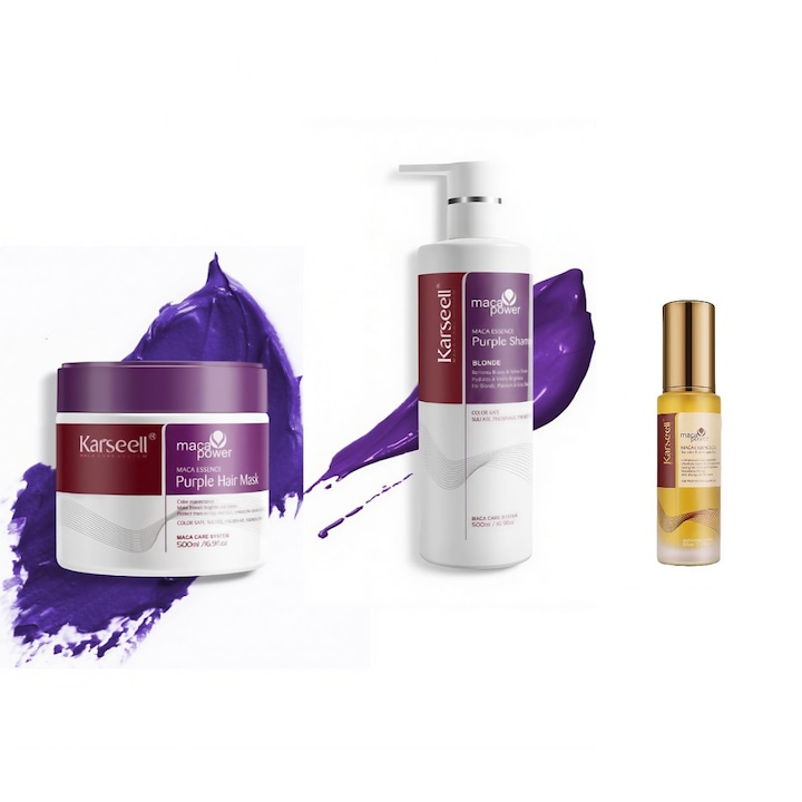 Професионален комплект Karseell Purple Shampoo Mask, Violet и мароканско арганово масло, пълна грижа за руса, сива или изрусена коса