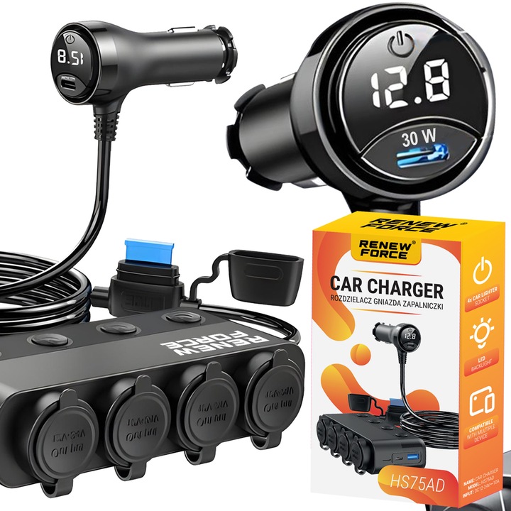 Adaptor priza auto, Incarcator auto Renew Force, Productie totala 216W, PD+QC3.0 Incarcare rapida, Spliter de putere cu 4 prize, 3 porturi USB, Comutator On-Off, Afisaj de tensiune, ABS, Negru, HS75AD