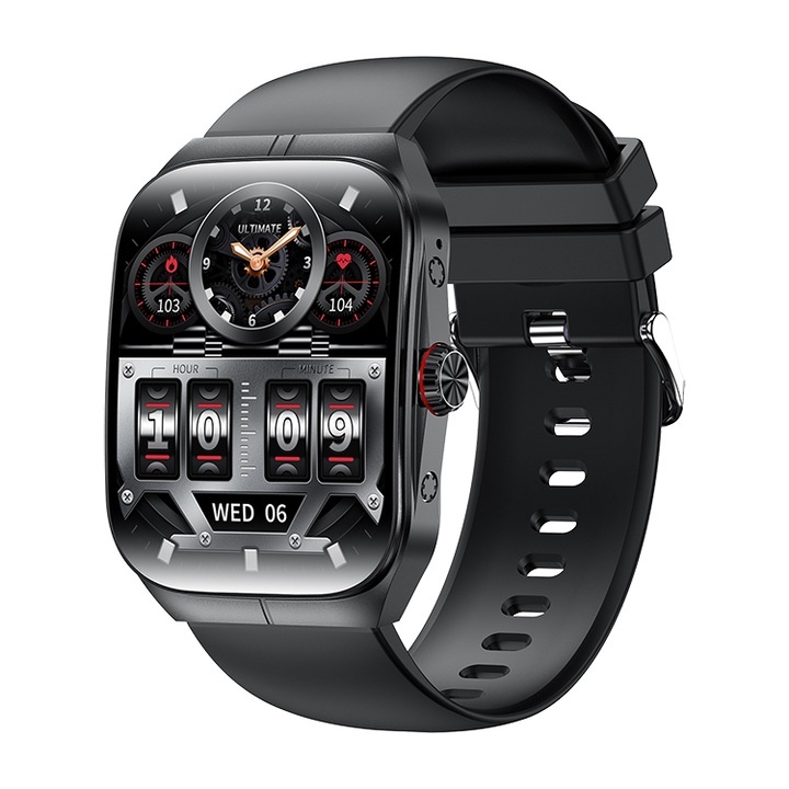 Okosóra, IXIU®, HK80, 1,95"-os AMOLED kijelző, okos-, fitnesz-, sport-, alvásfigyelés és egészségügyi mutatók, pulzusszám, vérnyomás, SpO2, fekete szíjszín, FitCloudPro