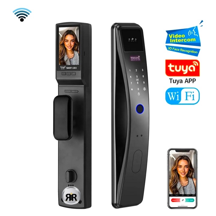 Смарт брава K36 RIR® Wireless – 3D лицево разпознаване и Tuya Smart App, видео домофон, пръстов отпечатък, ПИН код, RFID карта и механичен ключ