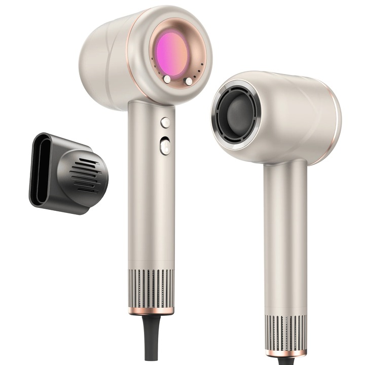 Uscator de par profesional puternic si silentios, 1800W, 110.000 RPM, 200 milioane de Ioni Negativi pentru toate tipurile de par, 3 viteze, 4 trepte de temperatura, cap magnetic cu rotatie 360°, buton aer rece, lumini RGB, Golden