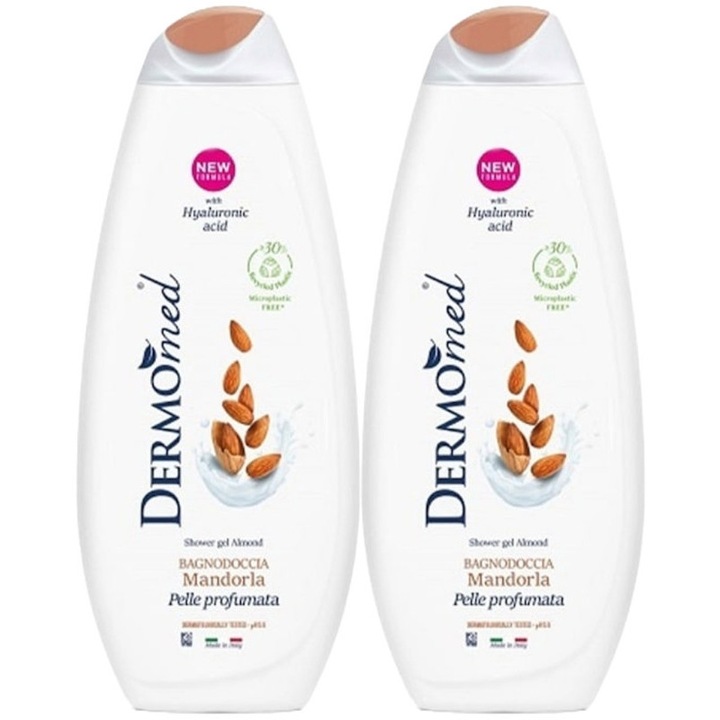 Set 2 x Dermomed Gel Dus 650ml Mandorla, fresh aroma, parfum floral, distruge bacteriile, rapid si eficient, testat dermatologic, prospetime de lunga durata, eficacitate maxima, continut generos, elimina mirosuri neplacute