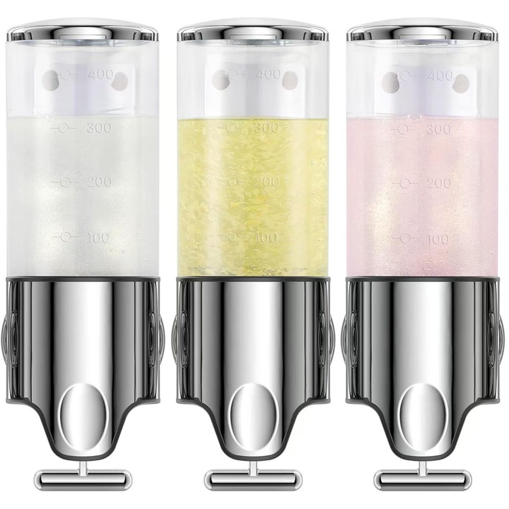 Set dispenser gel de dus, Set de 3 pentru gel de dus, dispenser de lichid de sampoon si sapun, trei containere patrate montate pe perete pentru dispenser de lichid de dus si sampoon, nu este nevoie de gauri