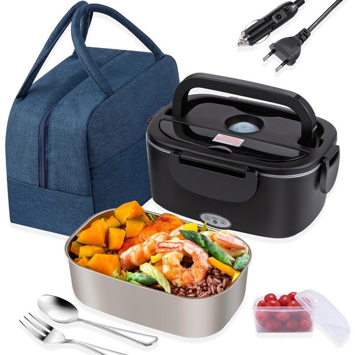 Elektromos ételtároló doboz 1,5 literes, 3 az 1-ben elektromos ételtároló uzsonnásdoboz 12 V / 24 V / 220 V, 60 W, 3 az 1-ben, fekete, rozsdamentes acél villával és kanállal, 304 rozsdamentes acél ételtároló autóba, teherautóba, irodába, iskolába