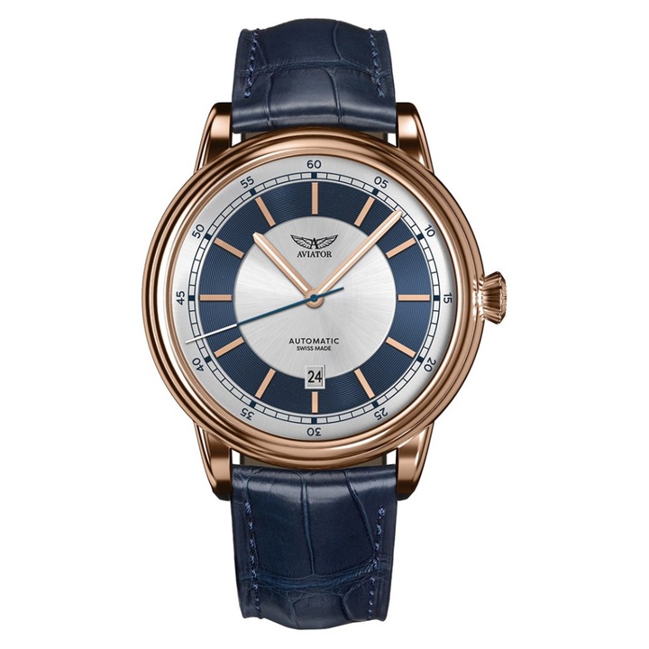 Ceas barbatesc Aviator, Douglas, 45mm, carcasa din otel inoxidabil, curea din piele, albastru/auriu