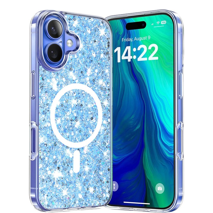 Husa cu sclipici pentru iPhone 16 Plus, Sparkly Glitter MagSafe, Blue