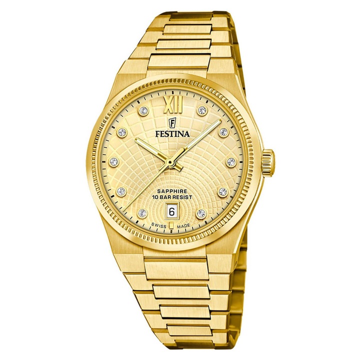 Ceas dama Festina, Rive, bratara din otel inoxidabil, 35mm, impermeabil 100m, inox, auriu