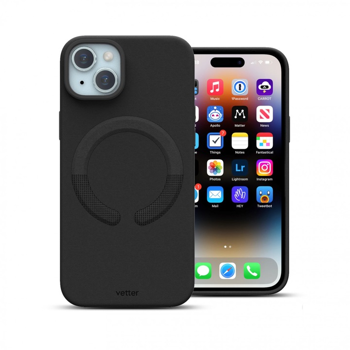 Husa pentru iPhone 15 Plus Clip-On Vegan Leather, Compatibila MagSafe, Black
