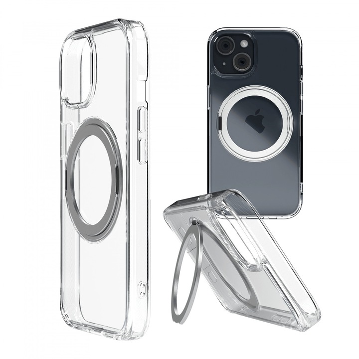 Husa pentru iPhone 14 Plus Clip-On Crystal Compatibila MagSafe, with 360 degree rotating stand, Clear