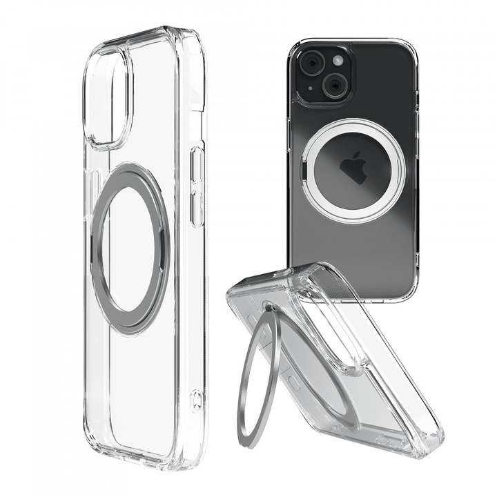Husa pentru iPhone 15 Plus Clip-On Crystal Compatibila MagSafe, with 360 degree rotating stand, Transparent