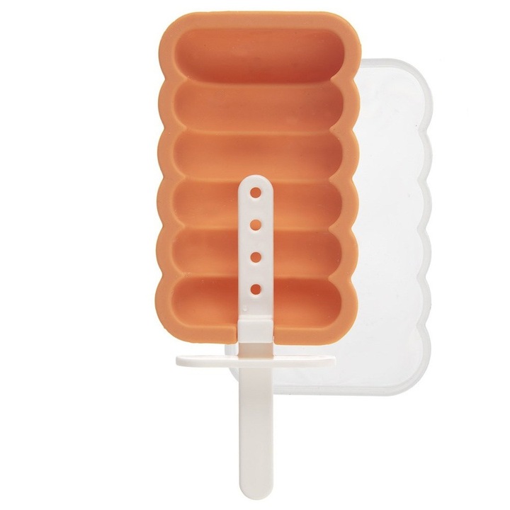 Forma Pentru Inghetata, Orion, Silicon, Portocalie, 15x6.5x2.5 cm, Cu Capac Si Bat, Pentru Congelator, Cuptor Cu Microunde Si Masina De Spalat Vase, Pentru Copii Si Adulti