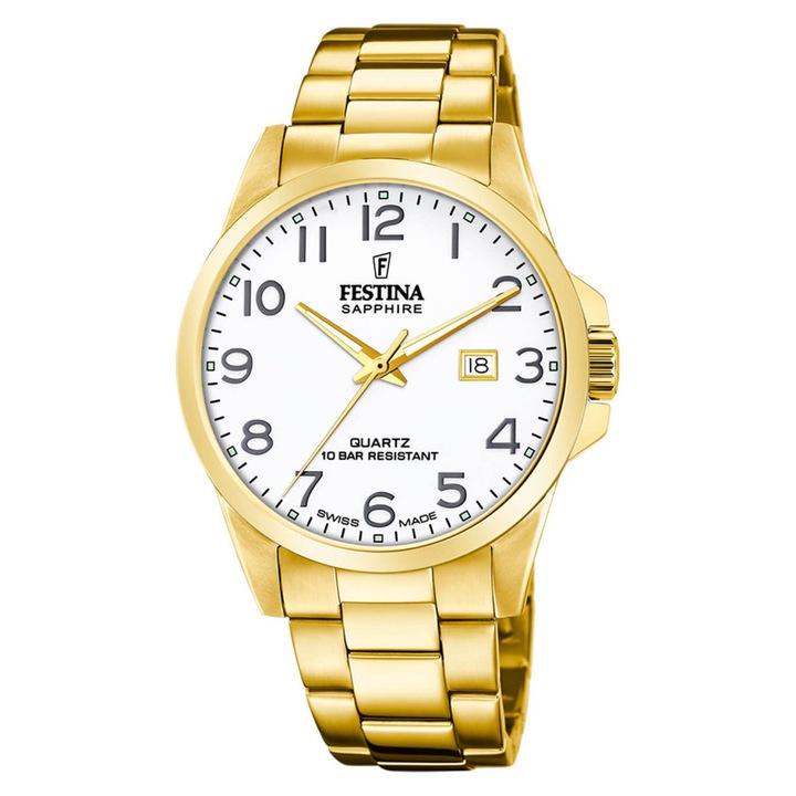 Ceas barbatesc Festina, F20044-1, bratara din otel inoxidabil, 41mm, mecanism quartz, auriu