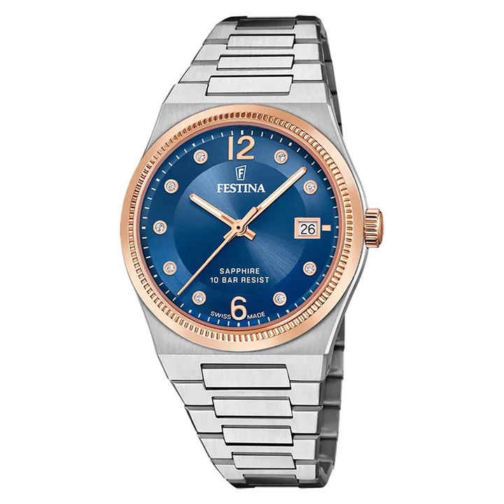 Ceas dama Festina, F20037-2, bratara din otel, carcasa bicolora, diametru 35mm, cadran albastru, rezistent la apa 100m