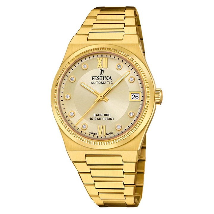 Ceas dama Festina, otel inoxidabil, 35mm, rezistent la apa 100m, auriu, Auriu