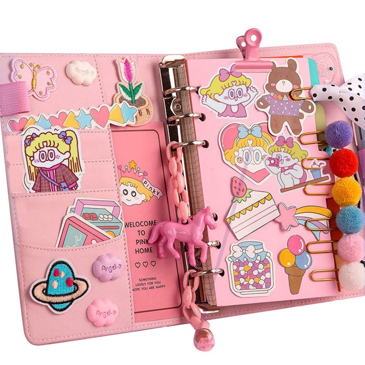 Set 18 bricolaj pentru albume, caiet A6, grila in interiorul paginilor, cu stilou, semne de carte, autocolante, carduri, ornamente, TOIITKQ, Roz