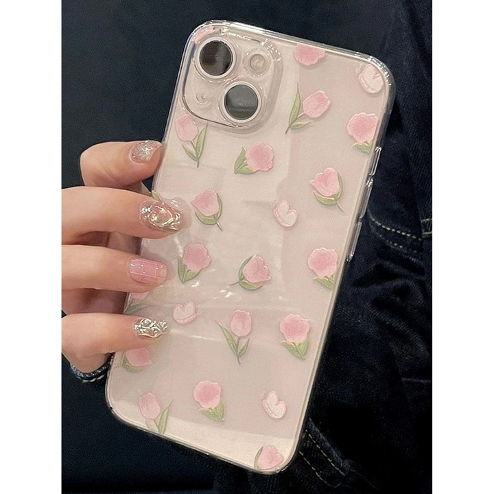 Husa silicon transparenta cu imprimeu lalele roz, Compatibila iPhone 14 Pro Max