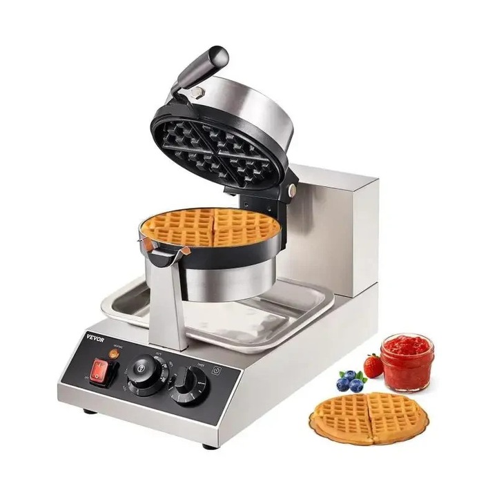 Електрическа кръгла гофретница, незалепващо покритие, 1300 W, неръждаема стомана, черна