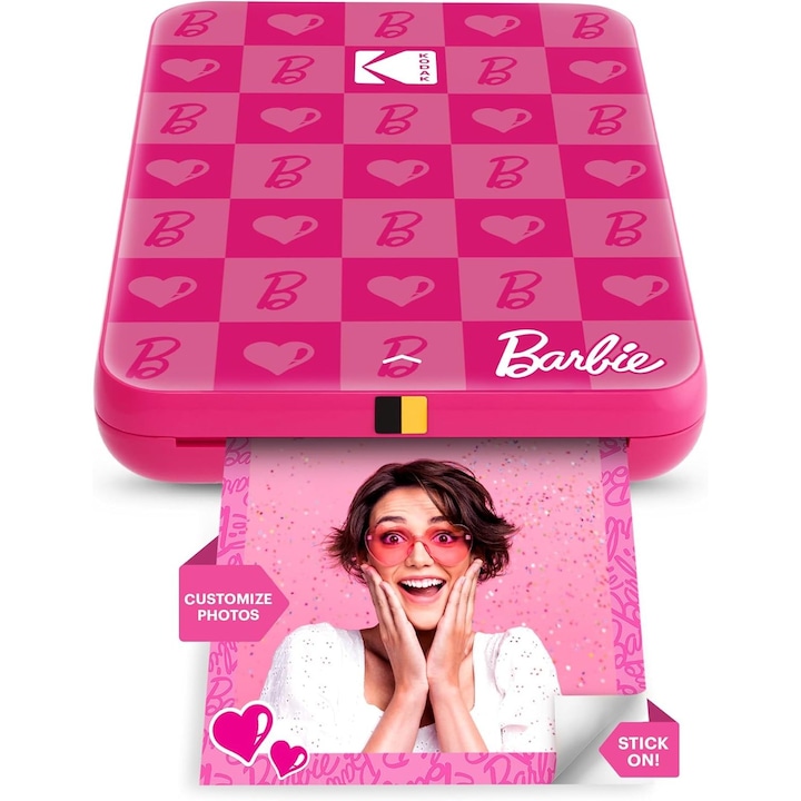 Преносим фотопринтер Barbie x Kodak за смартфон, Step Wireless Printer Iconic, връзка чрез Kodak App, печат върху самозалепваща хартия 2x3'', Zink технология, зареждане през Micro USB, розов
