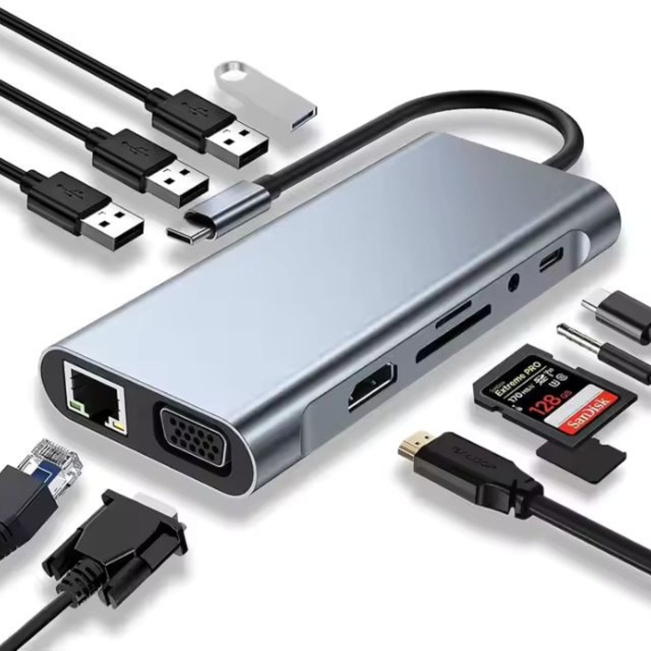 USB-C dokkoló állomás 11 az 1-ben többfunkciós hub HDMI 4K-val, VGA, RJ45 LAN, USB 3.0, SD/TF, PD - laptophoz és telefonhoz