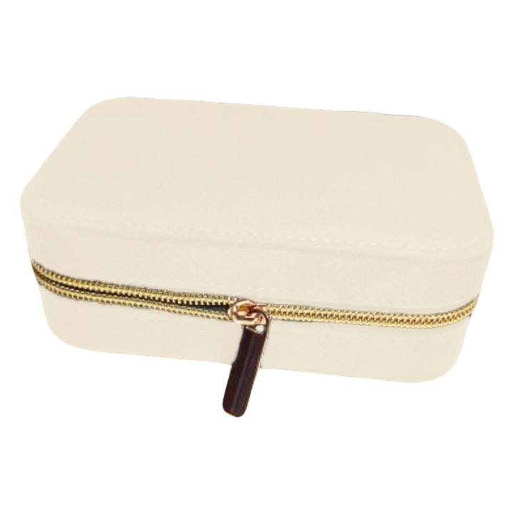 Кутия за бижута, Кадифена, Елегантен дизайн, С цип, Отделения за пръстени, Обеци, Гривни, Колиета, Преносим органайзер, За пътуване, 15.5x10.5x5 см, Кремав цвят