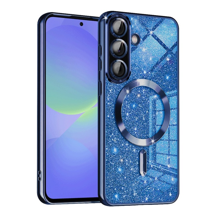 Husa pentru Samsung Galaxy A36 5G / Galaxy A56 5G, SKYDDAR INNOVATION, Luxury Glitter Magsafe, Antisoc, Fundal Detasabil 2-in-1, Protectie Superioara, Margini Ridicate, Albastru, set cu sticker