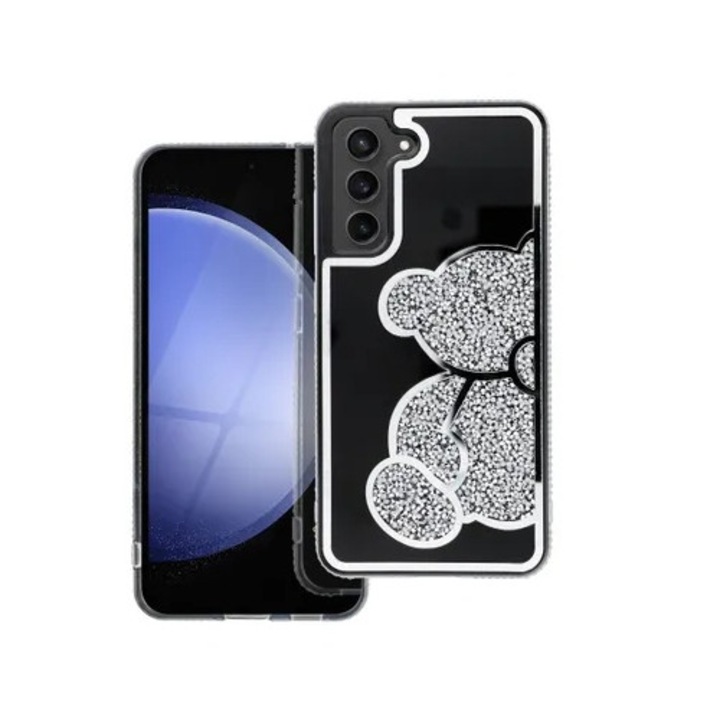 Husa pentru Samsung Galaxy A56 5G, SKYDDAR INNOVATION, TEDDY BEAR, din Silicon cu Sclipici, Protectie Completa, Argintiu, set cu sticker