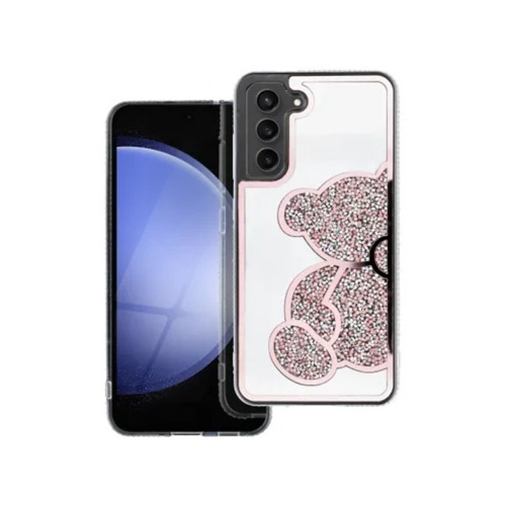 Husa pentru Samsung Galaxy S24 FE, SKYDDAR INNOVATION, TEDDY BEAR, din Silicon cu Sclipici, Protectie Completa, Roz, set cu sticker
