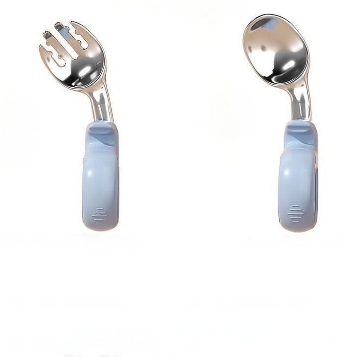 Комплект за хранене на бебе, лъжичка и вилица, неръждаема стомана/силикон, лесен за почистване, за самостоятелно хранене