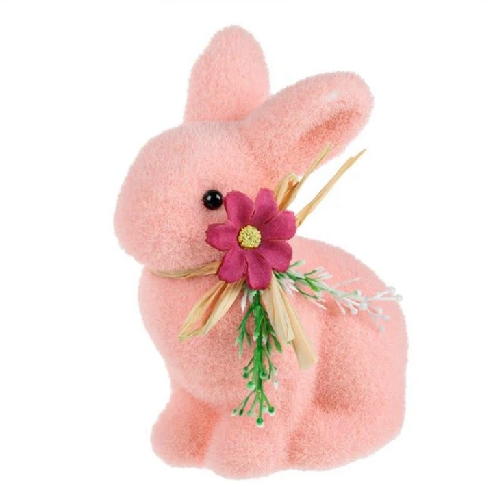 Figurina Decorativa de Paste Iepure din Spuma Roz cu Fundita Bej Floare Fucsia 13cm