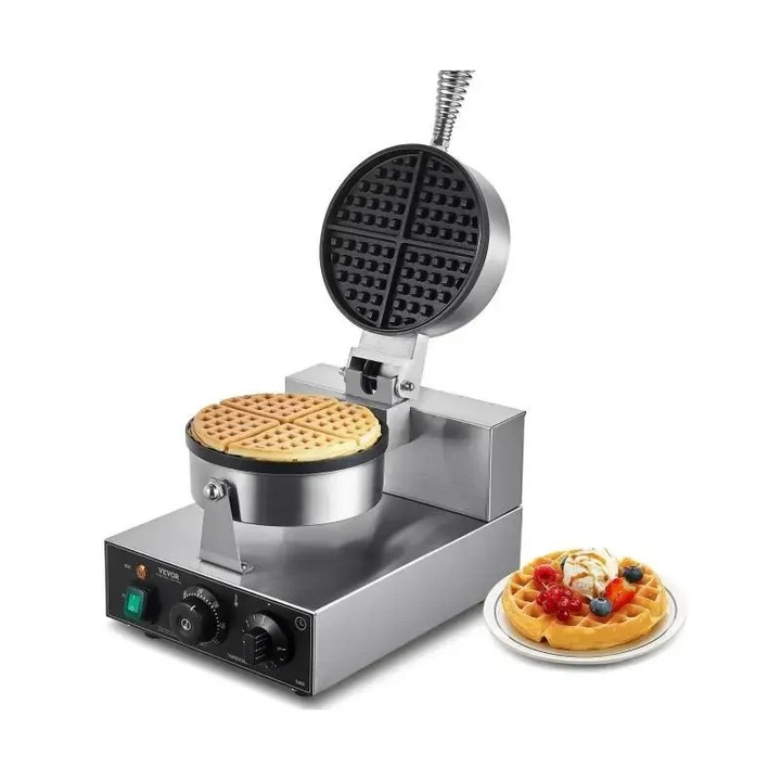 Машина за печене на гофрети, професионална машина за гофрети, незалепващо покритие от неръждаема стомана, таймер за управление, кръгла, черна