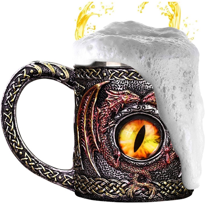 Cana din otel inoxidabil cu design dragon, Cupa cu pereti dubli Design Gotic Dragon Eye Cadou creativ Stee inoxidabil de inalta calitate, Cupa Pterozaur, ceasca de cafea Dragon, 15x10.5cm, set cadou, multicolor