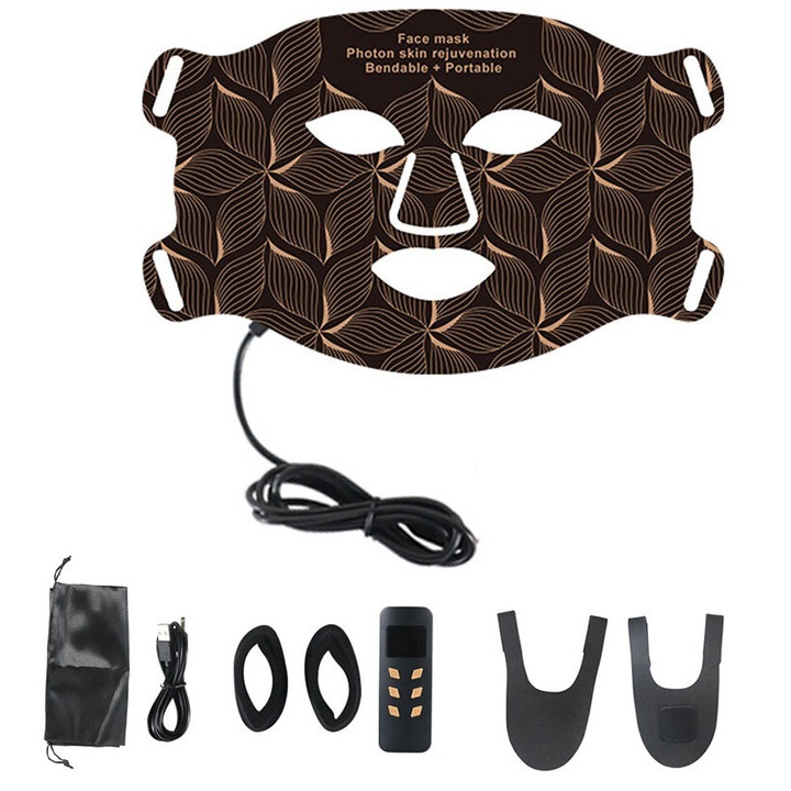 LED маска за лице, Rqiurpn, 7+1 цвята, терапия с червена светлина, преносима, мек силикон, терапия против стареене, черна