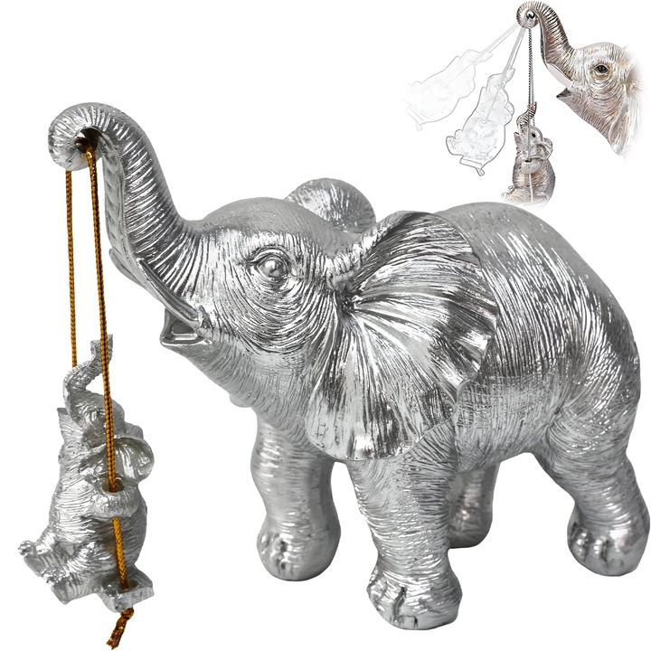 Set 2 statui elefanti din rasina, potrivite pentru acasa, birou, magazin si alte locuri, noroc, intelepciune, sanatate si loialitate, rezistente la apa si durabile, rasina, 18*9*14 cm, argint