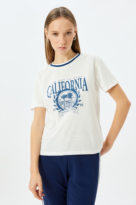 KOTON, Tricou cu imprimeu grafic, Alb/Albastru