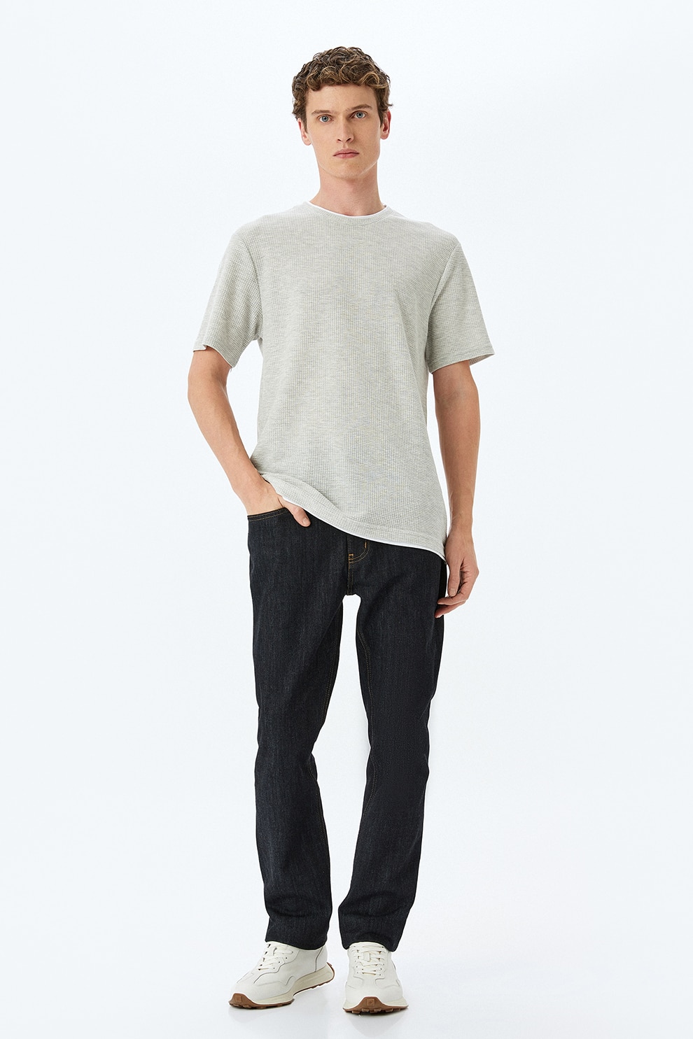 KOTON, Tricou tricotat cu decolteu la baza gatului, Alb murdar, S