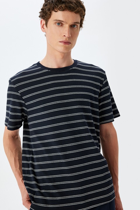 KOTON, Tricou cu decolteu la baza gatului si model in dungi, Alb/Albastru ultramarin, S