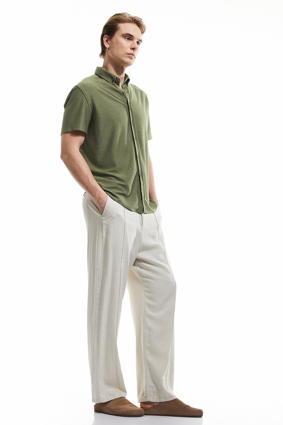 KOTON, Camasa cu guler fixat cu nasturi, Verde feriga, M