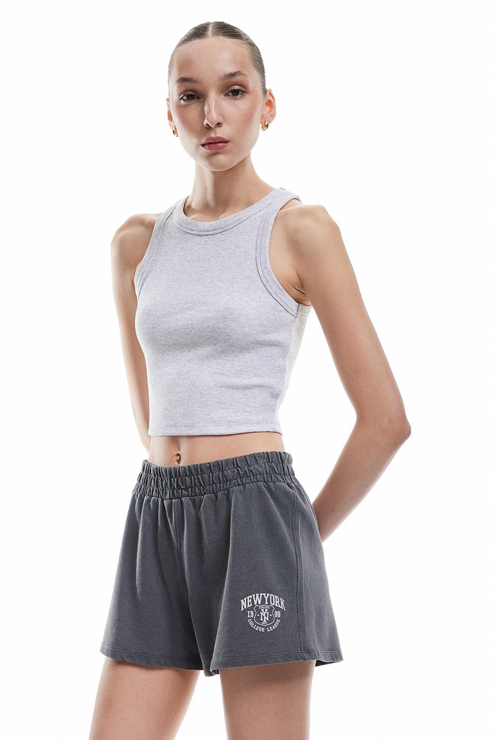 KOTON, Pantaloni scurti cu talie elastica si imprimeu, Gri inchis melange, XS