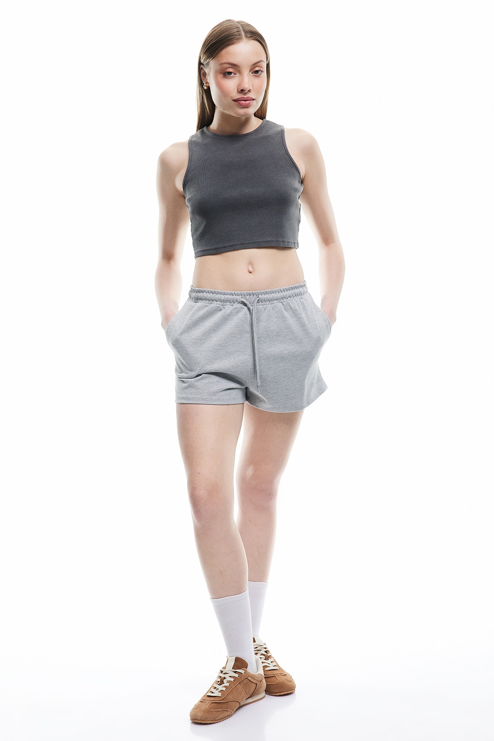 KOTON, Pantaloni scurti uni cu snur, Gri melange, XS