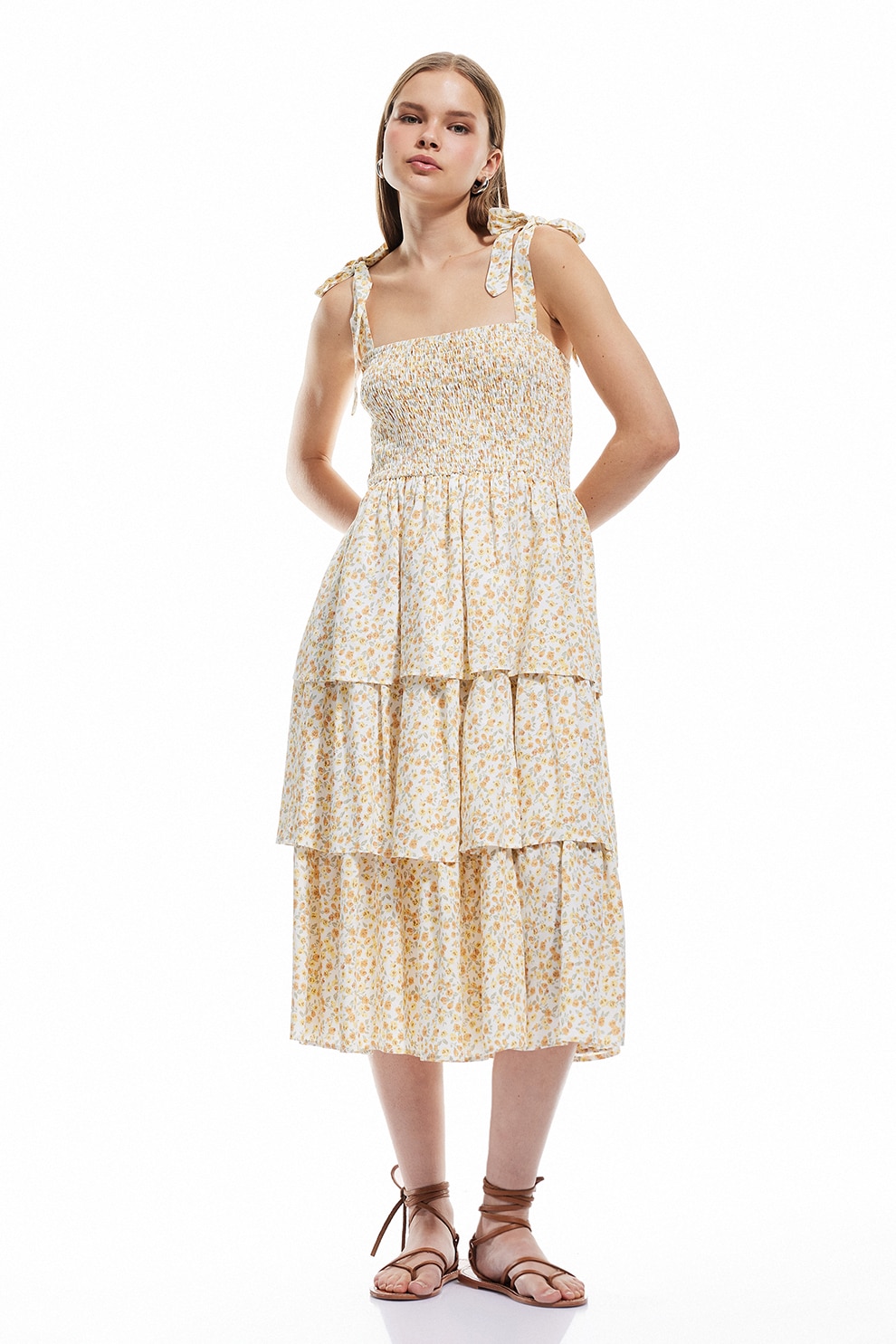 KOTON, Rochie midi cu model stratificat, Alb, Portocaliu pal, Verde spranghel, 40
