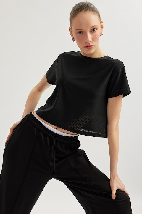 KOTON, Tricou crop cu maneci cazute, Negru