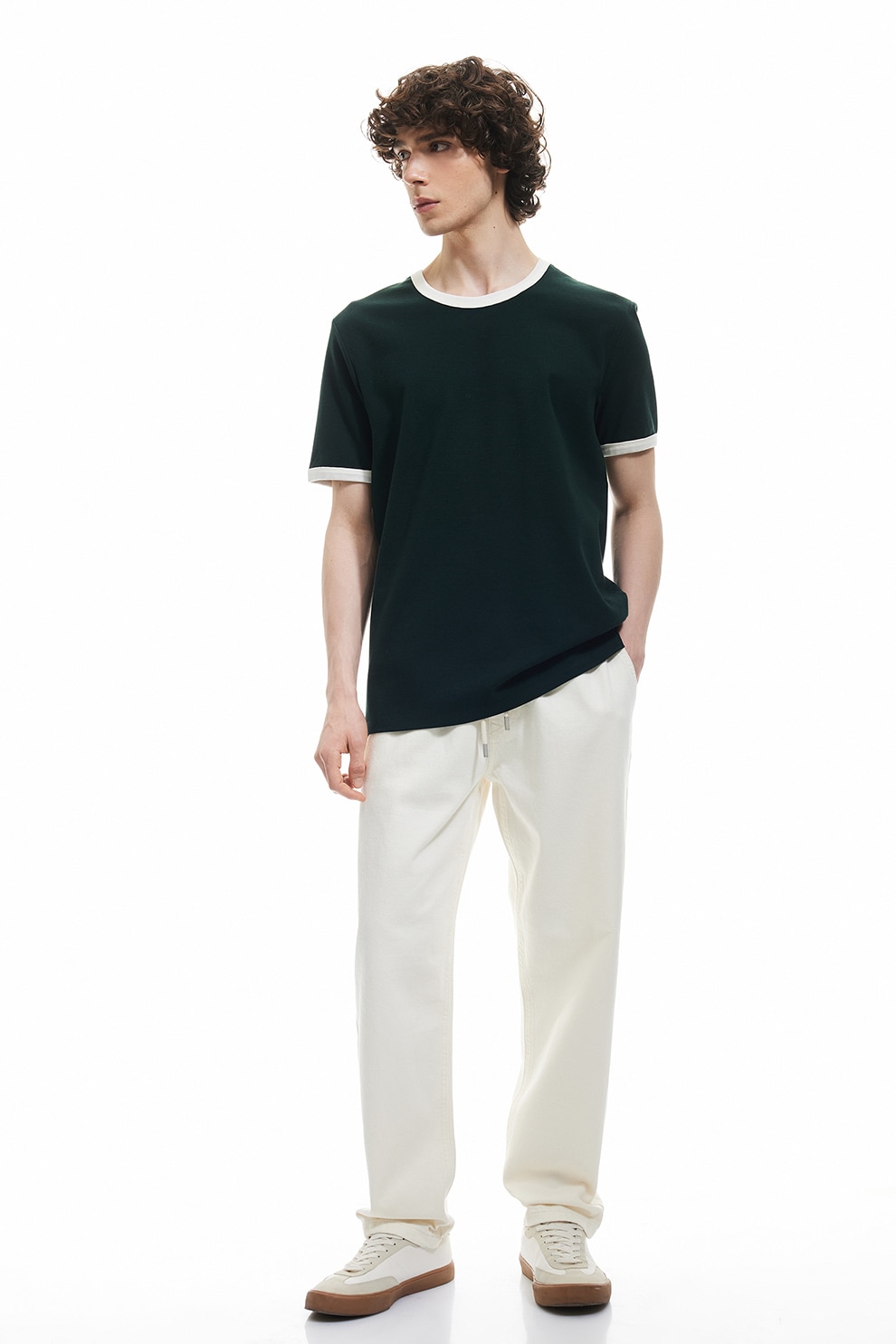 KOTON, Tricou cu detalii contrastante, Alb, Verde padure, M