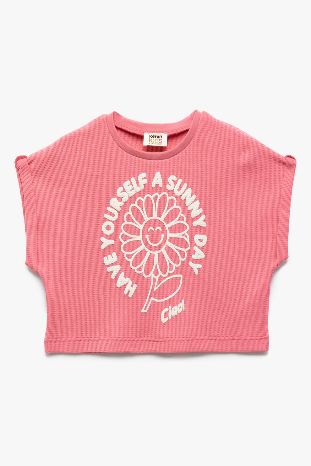 KOTON, Tricou crop cu imprimeu text, Roz zmeuriu, 146-152 CM